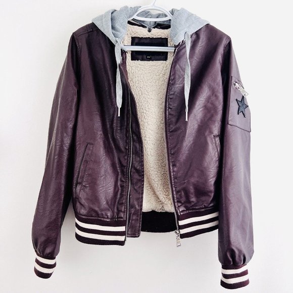 Madden Jackets & Blazers - Madden NYC Burgundy & Gray Faux Leather Sherpa Lined Varsity Jacket ~Size Medium